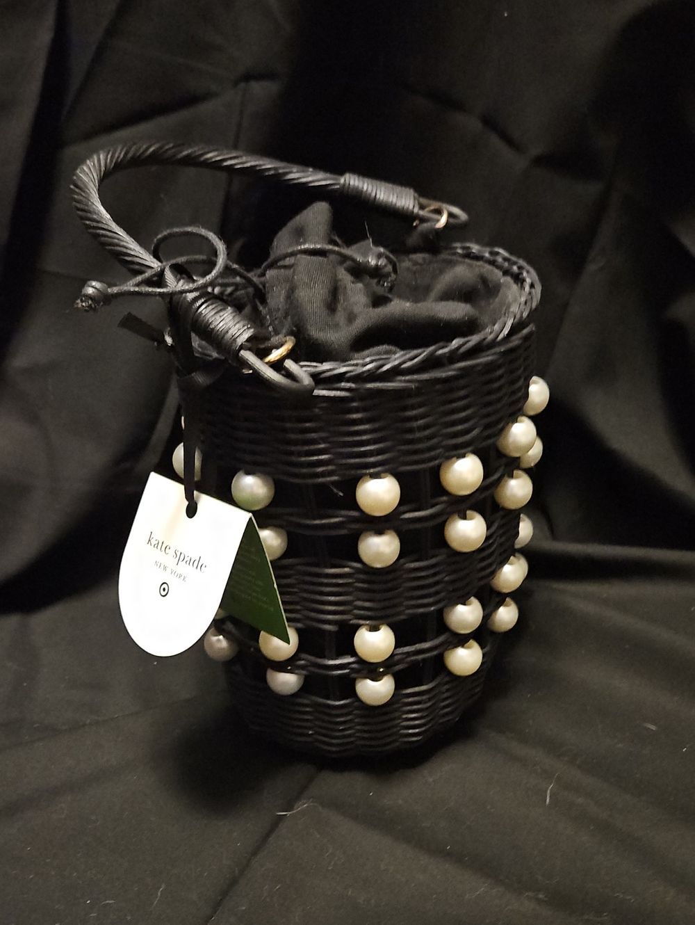 kate spade Black Wicker Mini Bucket Bag with Pearl Beads